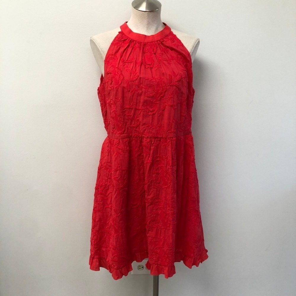 Ted Baker Lorene Dress Womens 5 US 12 Red Floral Embroidered Halter‎ Ruffle
